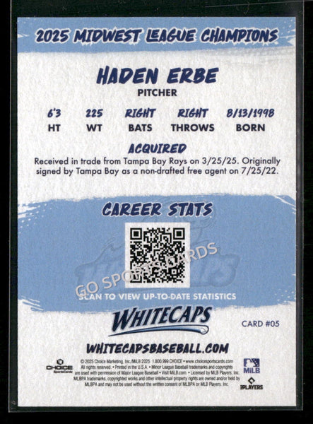 2025 West Michigan Whitecaps Champions Haden Erbe