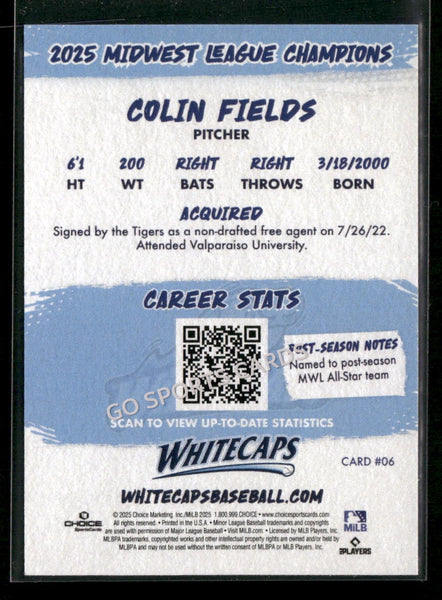2025 West Michigan Whitecaps Champions Colin Fields