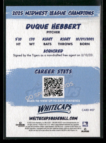 2025 West Michigan Whitecaps Champions Duque Hebbert