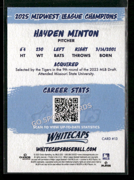 2025 West Michigan Whitecaps Champions Hayden Minton