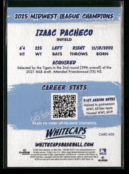 2025 West Michigan Whitecaps Champions Izaac Pacheco