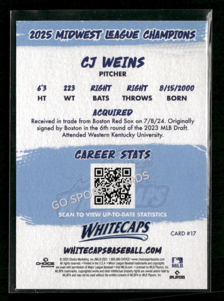 2025 West Michigan Whitecaps Champions CJ Weins