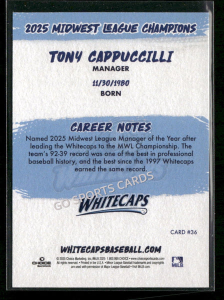 2025 West Michigan Whitecaps Champions Tony Cappuccilli