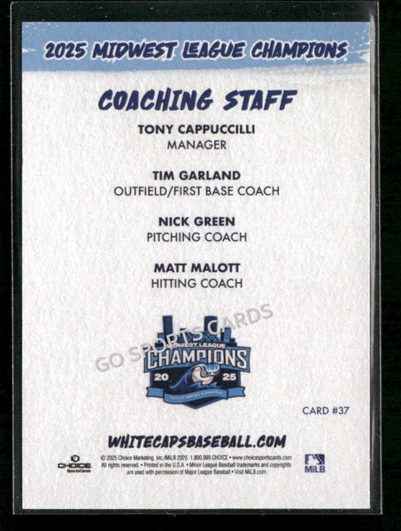 2025 West Michigan Whitecaps Champions Tony Cappuccilli Tim Garland Nick Green Matt Malott