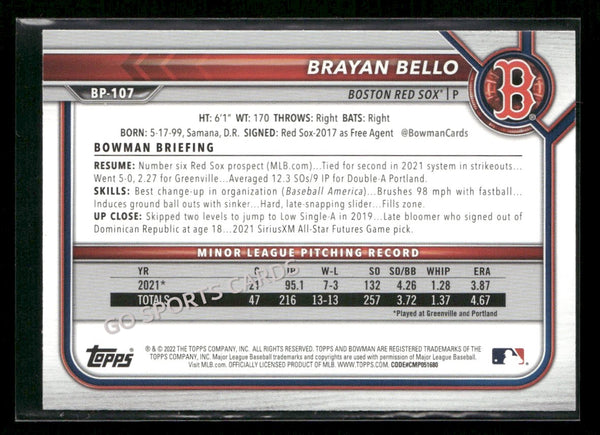 2022 Bowman Chrome Brayan Bello #BCP-107 1st RC Rookie
