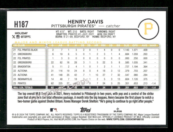 2024 Topps Holiday Variation Santa Hat Henry Davis #H187 RC Rookie