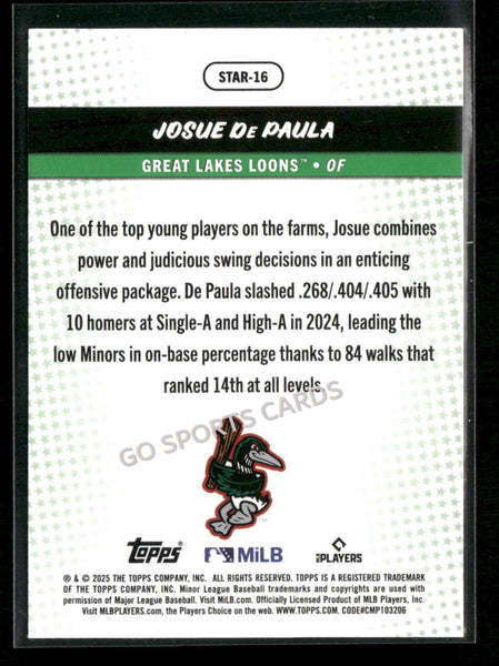 2025 Topps Pro Debut Stars of Milb Green Foil /99 Josue De Paula #STAR-16 RC