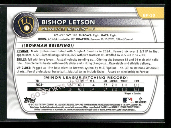 2025 Bowman 1st Sky Blue /499 Bishop Letson #BP-30 RC Rookie