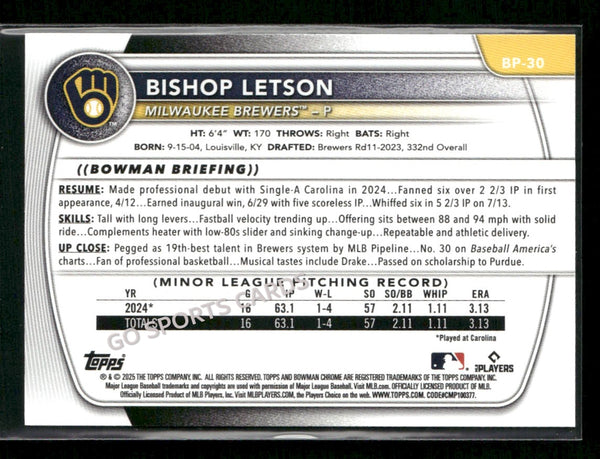 2025 Bowman 1st Neon Green /399 Bishop Letson #BP-30 RC Rookie