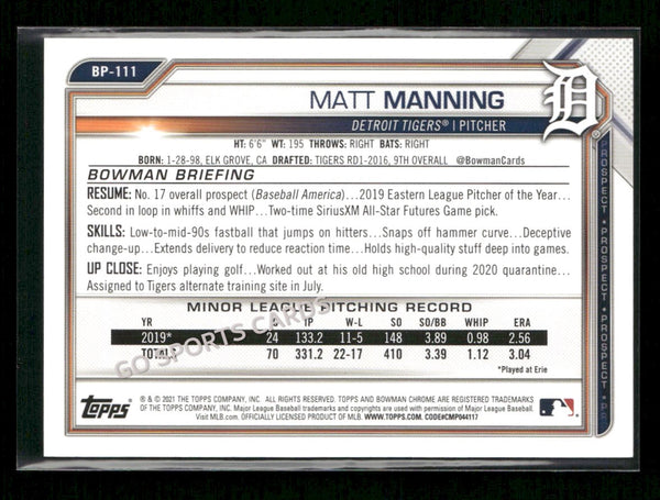 2021 Bowman Prospects Green Refractor /99 Matt Manning #BCP-111