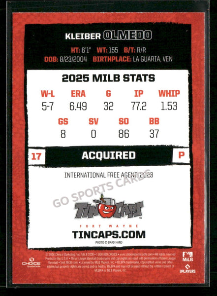 2026 Fort Wayne TinCaps Kleiber Olmedo
