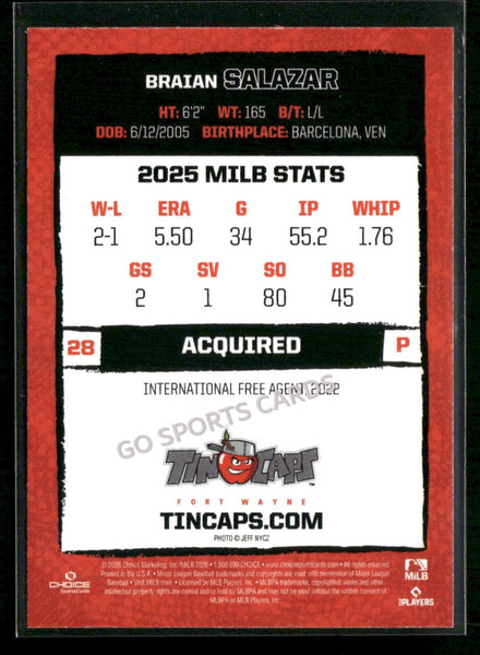 2026 Fort Wayne TinCaps Braian Salazar