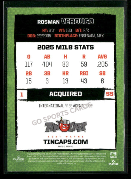 2026 Fort Wayne TinCaps Rosman Verdugo