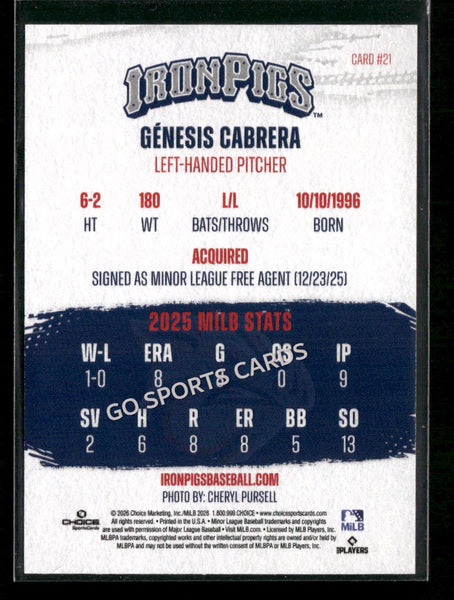 2026 Lehigh Valley IronPigs Genesis Cabrera