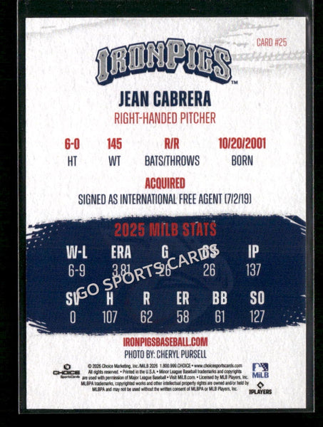 2026 Lehigh Valley IronPigs Jean Cabrera