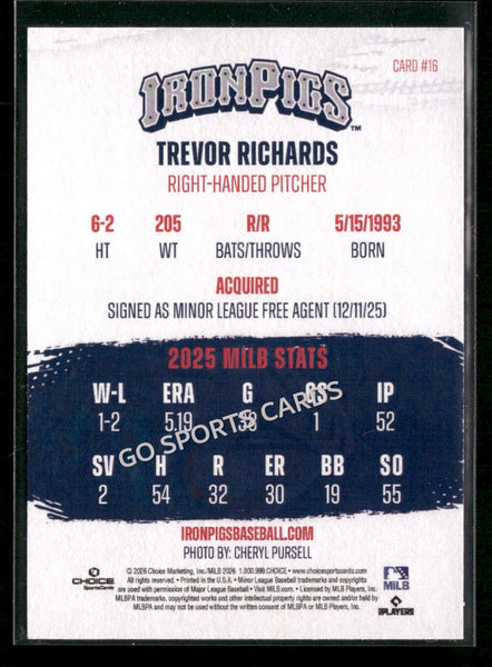 2026 Lehigh Valley IronPigs Trevor Richards RED 4/15