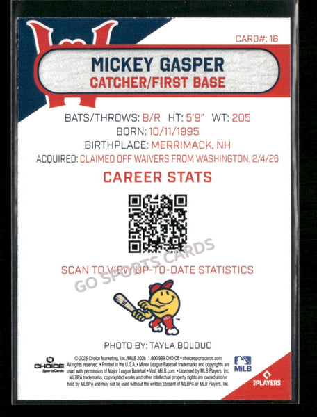 2026 Worcester Red Sox Mickey Gasper