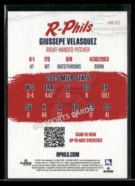 2026 Reading Fightin Phils Giussepe Velasquez