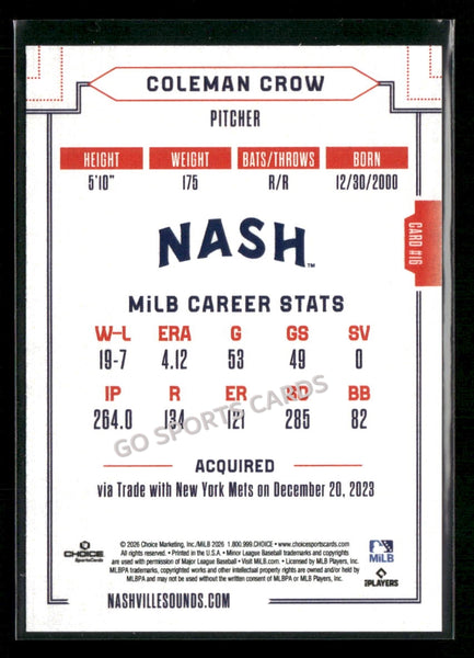 2026 Nashville Sounds Coleman Crow
