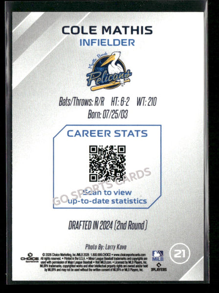 2026 Myrtle Beach Pelicans Cole Mathis