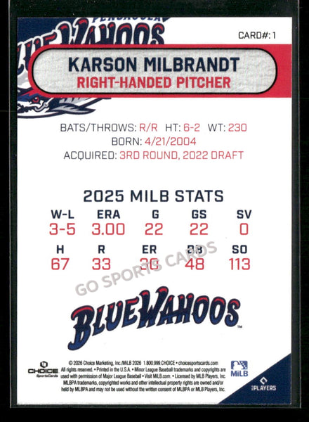 2026 Pensacola Blue Wahoos Karson Milbrandt