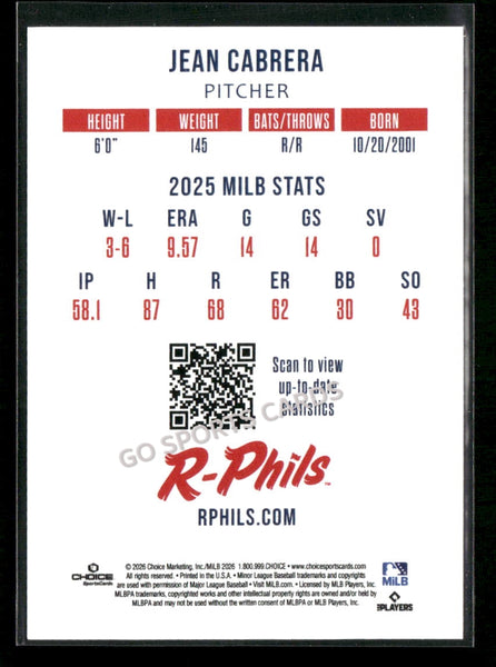 2026 Reading Fightin Phils 2nd Jean Cabrera