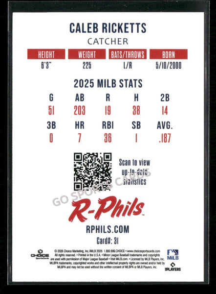 2026 Reading Fightin Phils 2nd Caleb Ricketts