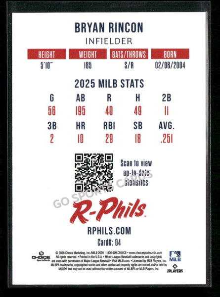 2026 Reading Fightin Phils 2nd Bryan Rincon