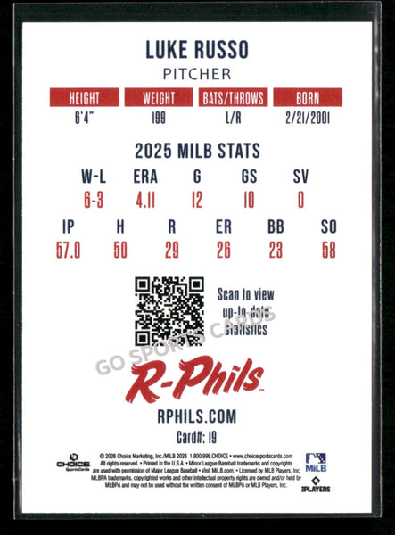 2026 Reading Fightin Phils 2nd Luke Russo