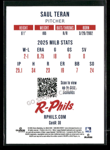 2026 Reading Fightin Phils 2nd Saul Teran