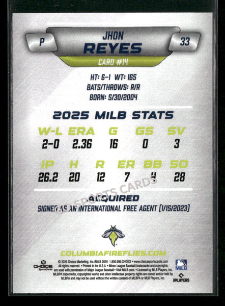 2026 Columbia Fireflies Jhon Reyes