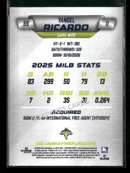 2026 Columbia Fireflies Yandel Ricardo