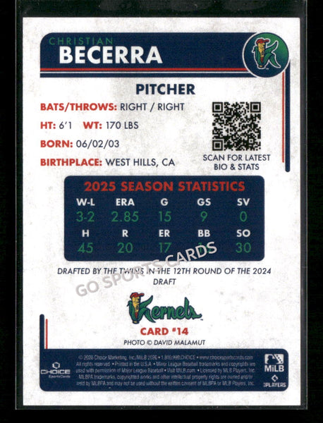 2026 Cedar Rapids Kernels Christian Becerra