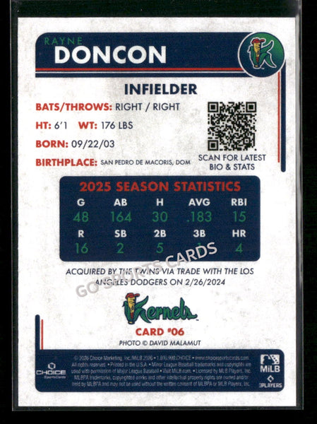 2026 Cedar Rapids Kernels Rayne Doncon