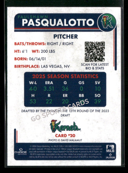 2026 Cedar Rapids Kernels Paulshawn Pasqualotto