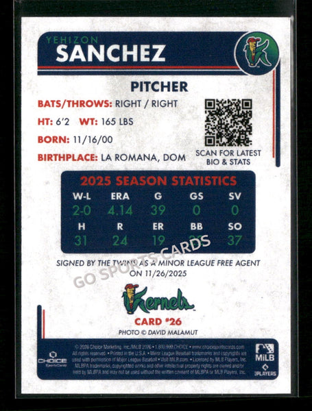 2026 Cedar Rapids Kernels Yehizon Sanchez