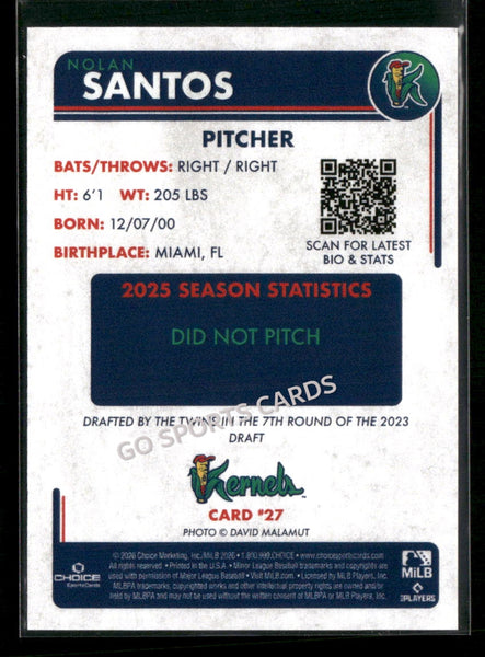 2026 Cedar Rapids Kernels Nolan Santos