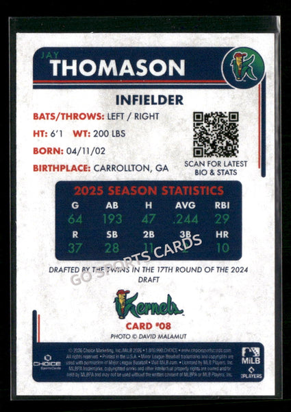 2026 Cedar Rapids Kernels Jay Thomason