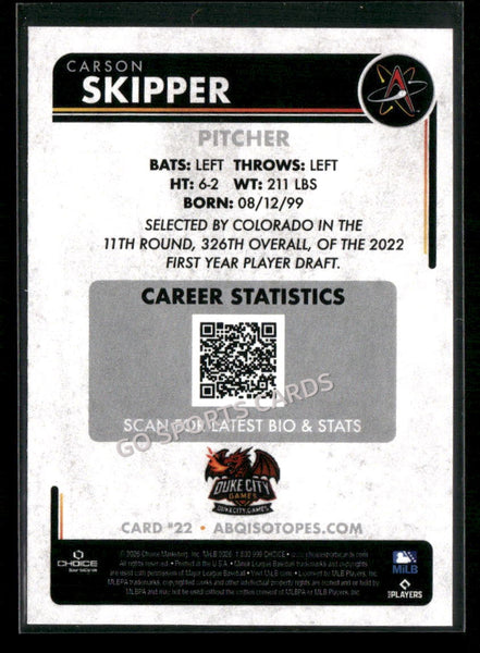 2026 Albuquerque Isotopes Carson Skipper