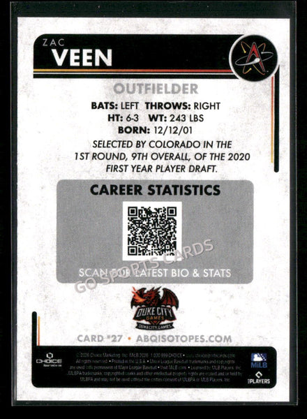 2026 Albuquerque Isotopes Zac Veen