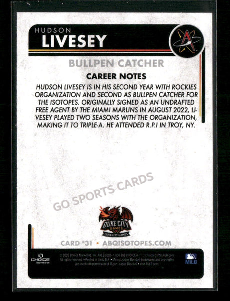 2026 Albuquerque Isotopes Hudson Livesey