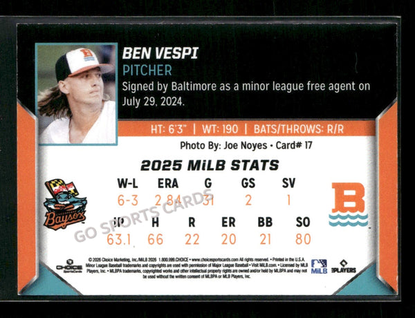 2026 Chesapeake Baysox Ben Vespi