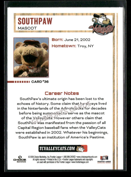 2026 Tri City Valleycats Southpaw Mascot