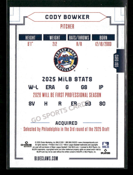 2026 Jersey Shore BlueClaws Cody Bowker