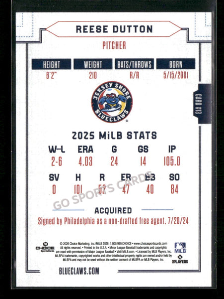 2026 Jersey Shore BlueClaws Reese Dutton