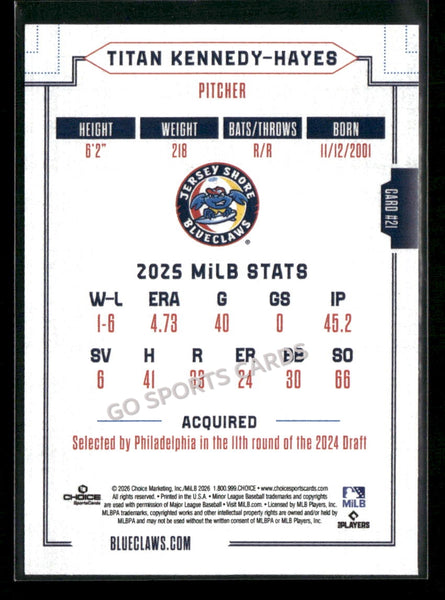 2026 Jersey Shore BlueClaws Titan Kennedy Hayes