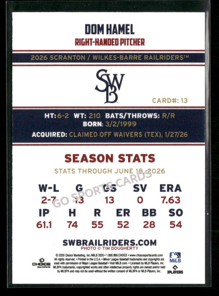 2026 Scranton Wilkes Barre RailRiders Dom Hamel