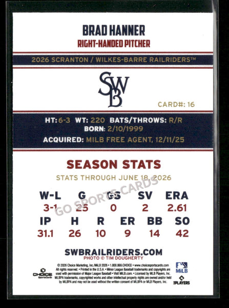 2026 Scranton Wilkes Barre RailRiders Bradley Brad Hanner