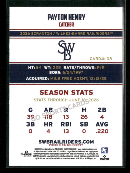 2026 Scranton Wilkes Barre RailRiders Payton Henry