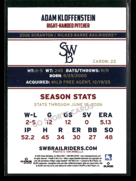 2026 Scranton Wilkes Barre RailRiders Adam Kloffenstein